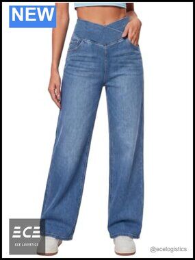 4-Way Stretchy High Waisted Wide Leg Jeans with Pockets